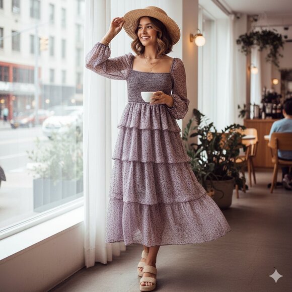 NWT Jacquie The Label Claire Smocked Tiered Maxi Dress Purple Multi - Picture 1 of 6